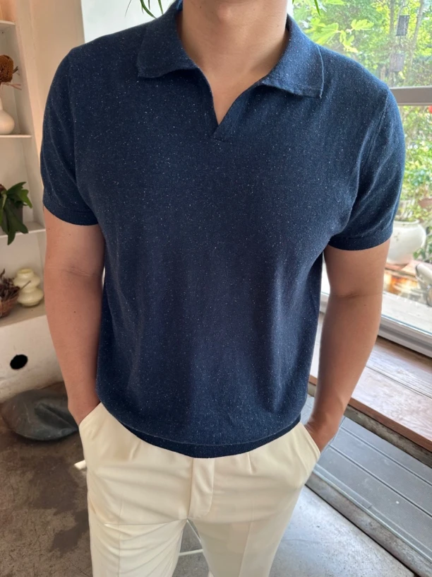 奢华桑蚕丝有机棉混纺短袖 彩点花纱潇洒时髦一片领短袖polo衫