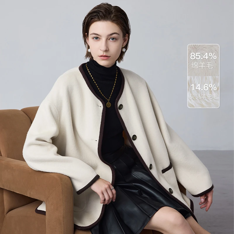 MSLAN保暖冬单排扣毛呢外套小香风开衫双面短外套百搭冬季MFDW200