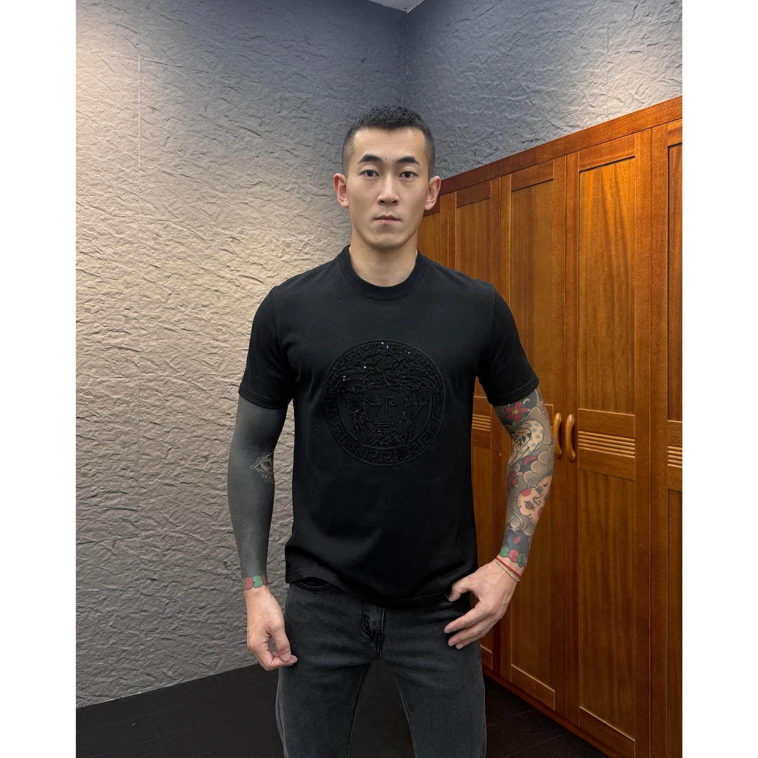 2025早秋新款时尚休闲百搭闪片修身美人头短袖T恤7977