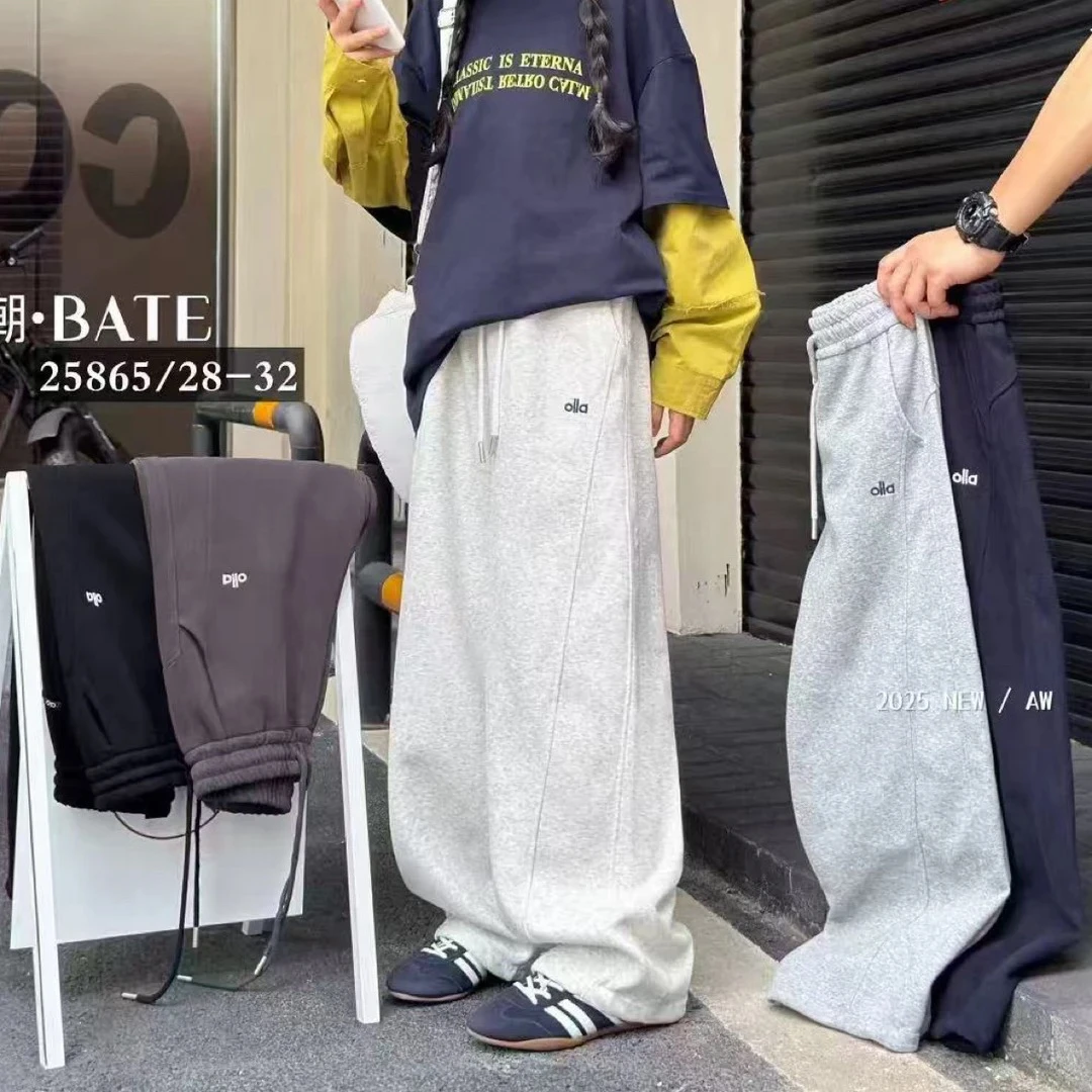 运动休闲裤针织抽绳青少年秋冬宽松阔腿裤直筒秋季新款情侣刺绣款