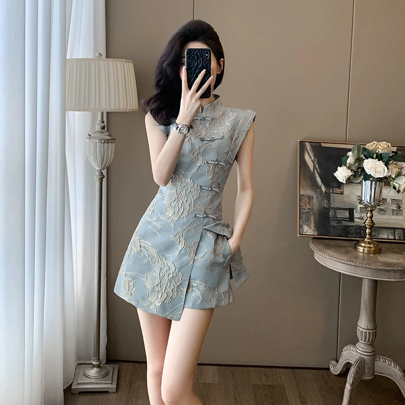 夏季时尚无袖复古短裤两件套女小个子气质名媛御姐新中式国风套装