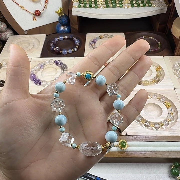 银S925镶嵌水晶手链天然白水晶海纹石手串