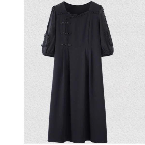 胖大盈大码女装2025夏季显瘦气质短袖时尚黑色中长款连衣裙ZB6833