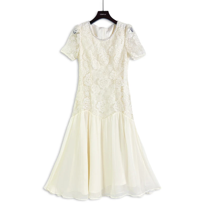 【CENFUN】2025春夏米白纱裙花瓣刺绣短袖大摆连衣裙E02240