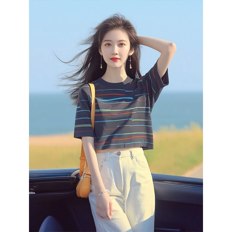 夏季韩系chic洋气独特别致漂亮上衣宽松百搭显瘦爆款条纹T恤女款