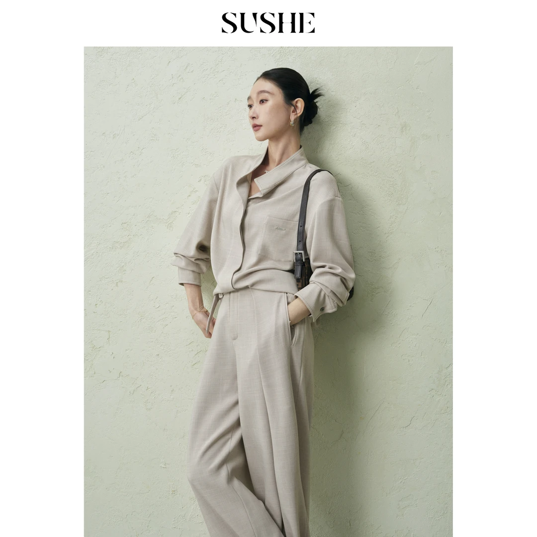 束皙SUSHE绪风垂顺肌理感立领衬衫可调节气质阔腿裤套装女春季