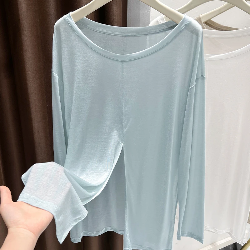 长款开叉轻薄长袖防晒罩衫女宽松长袖蓝色冰丝休闲莱赛尔面膜t恤
