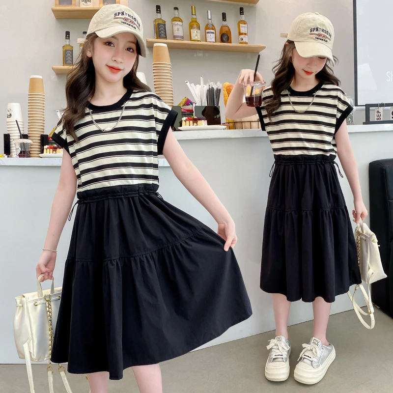女童连衣裙夏装2025新款中大童洋气韩版条纹裙棉布裙夏季裙子薄款