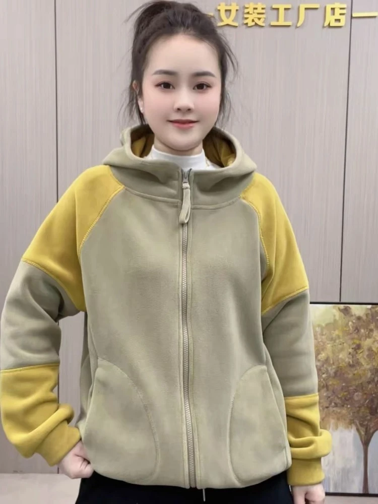 秋冬款时尚休闲百搭双面澳粒绒减龄加绒撞色连帽拼色外套