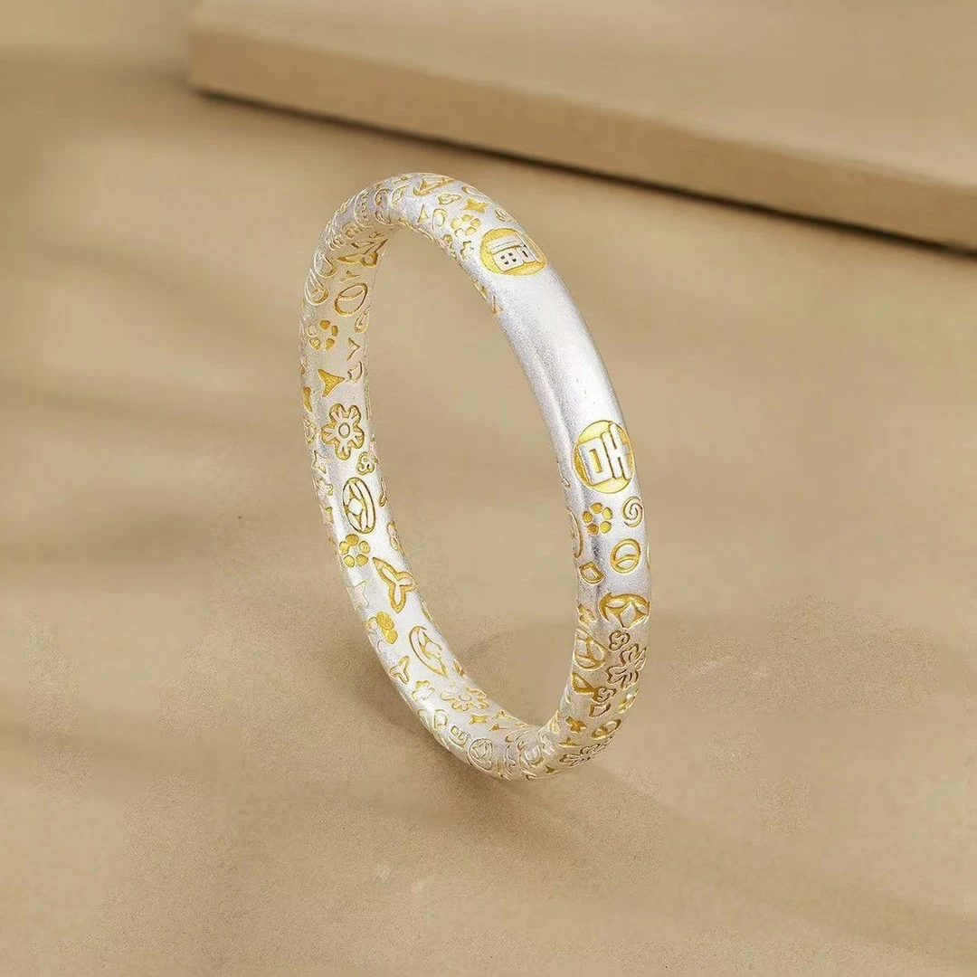 足银手镯 时尚手镯  百福吉言 描金 无礼盒)   YZ003