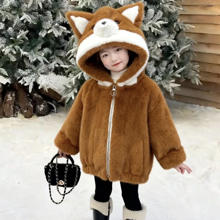 新款儿童冬季加厚保暖仿皮草小狐狸连帽外套男女童时尚洋气外穿