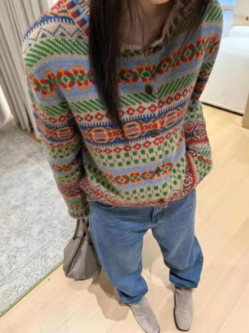 彩色提花时尚复古百搭韩版宽松圆领撞色条纹民族风秋冬针织开衫