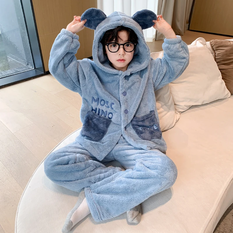 儿童装男童睡衣春秋冬款家居服珊瑚绒男孩冬季加厚加绒大童法兰绒