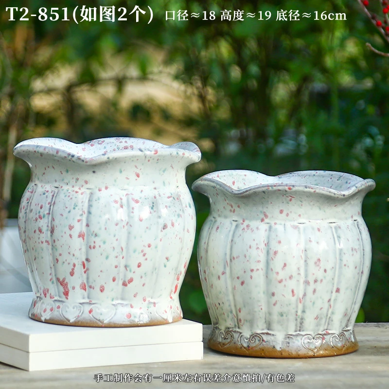 T2-851宜兴紫砂红陶双耳大号老桩陶罐粗陶花盆透气万能盆花盆