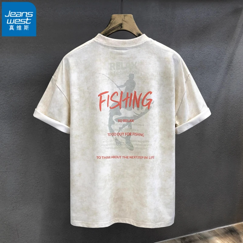 Jeanswest/真维斯鲨鱼垂钓者高品质轧染水印重磅短袖T高能感短袖