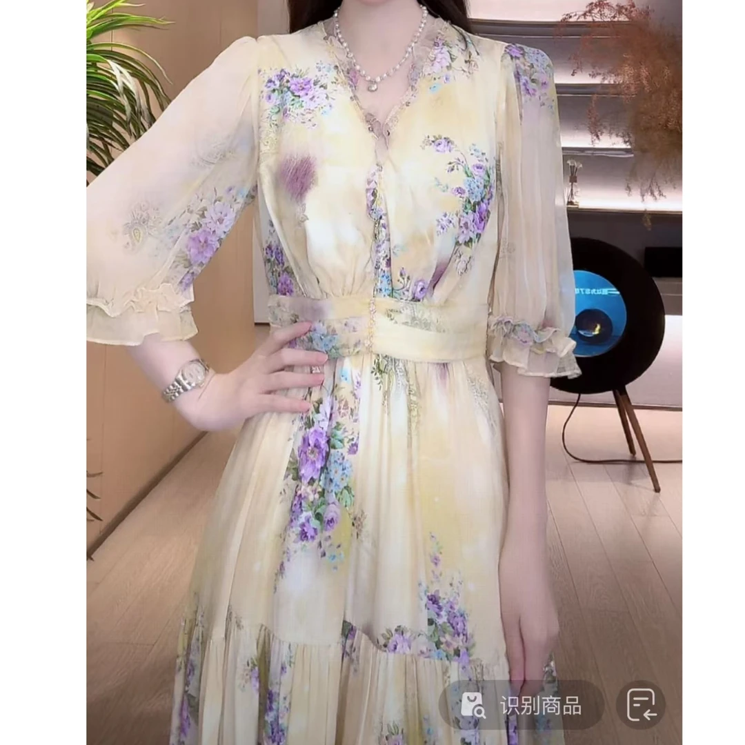 【深圳米熙儿】100%桑蚕丝印花显瘦短款连衣裙1315