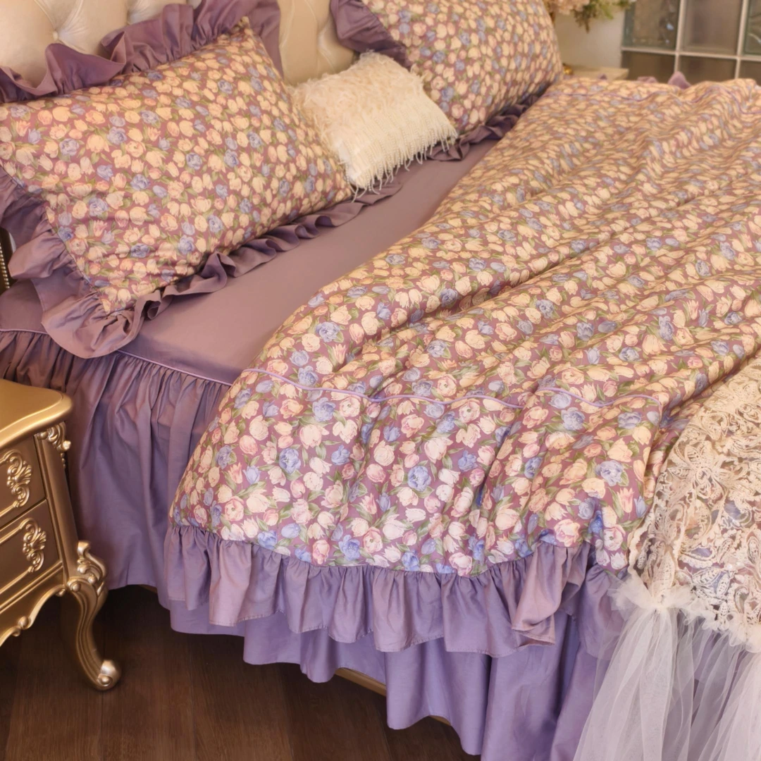 2025新款【馥郁金香】法式复古优雅全棉印花床裙款四件套床上用品