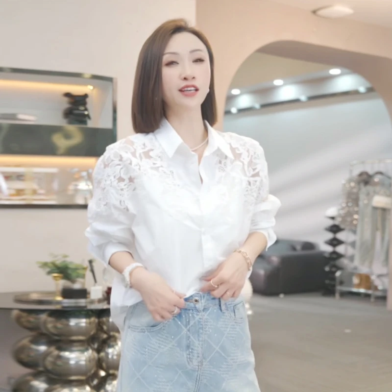 法式气质POLO领长袖衬衫女2025春季新款蕾丝刺绣时尚休闲百搭上衣