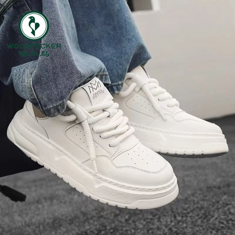 【正品】啄木鸟2025春季新款透气男鞋厚底增高百搭运动白色男士板鞋