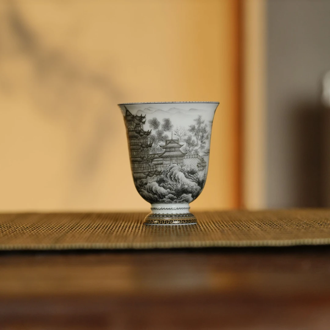 【瓷见如故】墨尚观山黄鹤楼高足铃铛杯msgs27