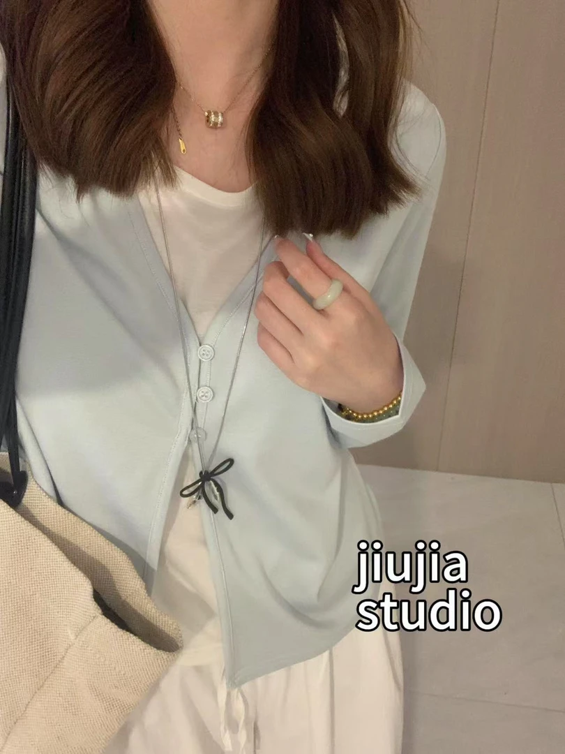 九佳【开衫假两件】夏款休闲显瘦闲百搭内搭时尚长袖打底衫~