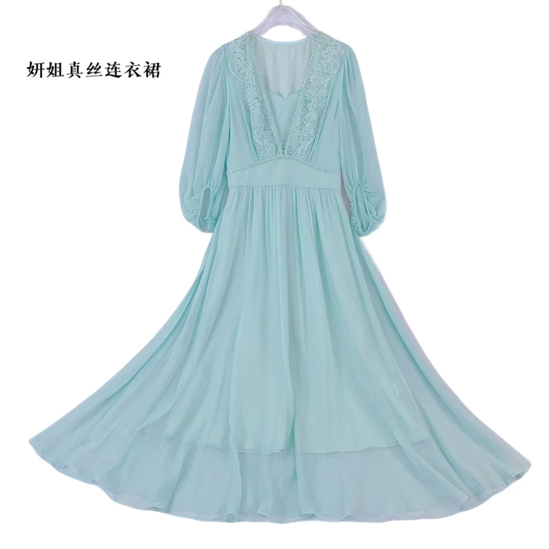 妍姐桑蚕丝夏季蕾丝气质轻奢女装长裙优雅时尚薄荷绿色 25S8066