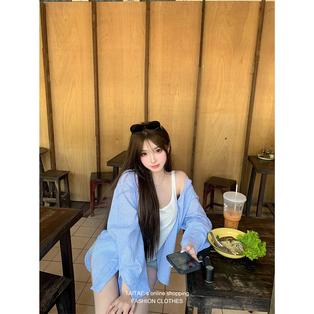 TAITAI 设计感条纹度假休闲防晒衬衫女春夏慵懒宽松显瘦上衣