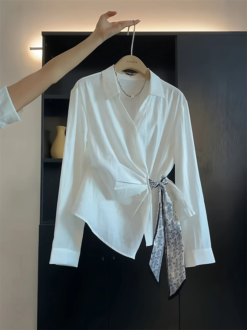 法式设计感侧绑带丝带收腰衬衫女秋季小众设计感别致白色衬衣上衣
