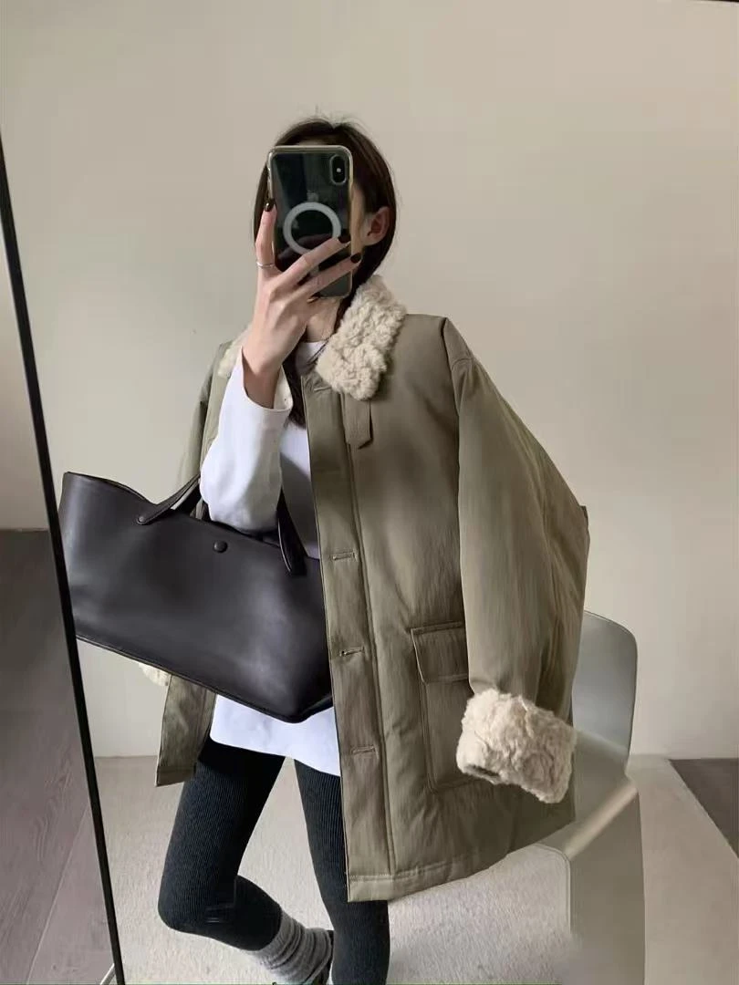 25秋冬新款韩系棉服纯色翻领冬季常规保暖时尚长袖中长款加厚休闲
