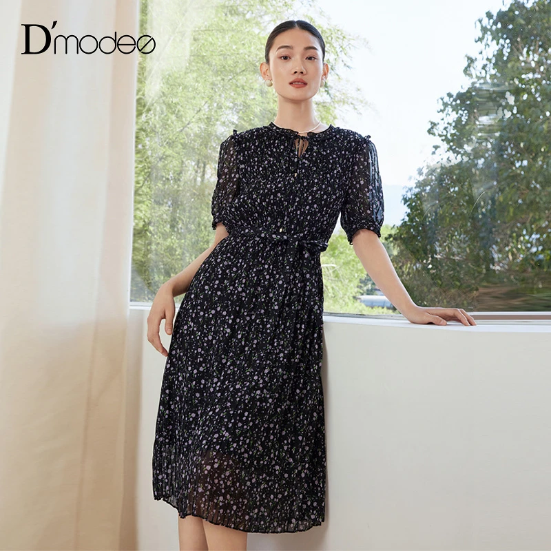 商城同款黛玛诗2025夏季新款法式浪漫收腰碎花连衣裙女(附腰带)