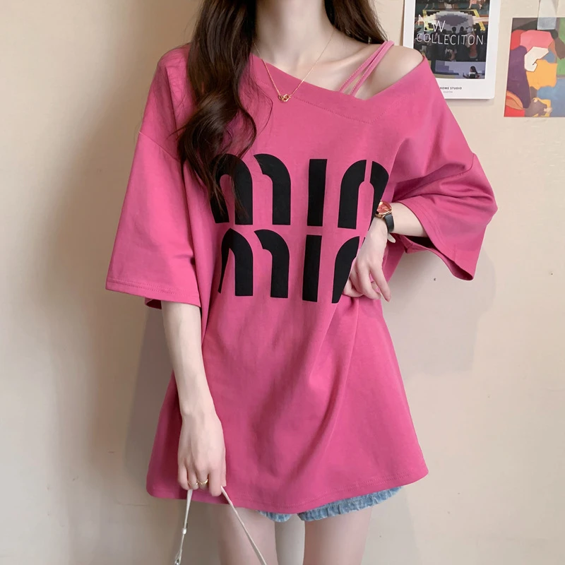 小心机斜领短袖恤女夏季新款宽松中长款露锁骨新品上衣潮大码显瘦