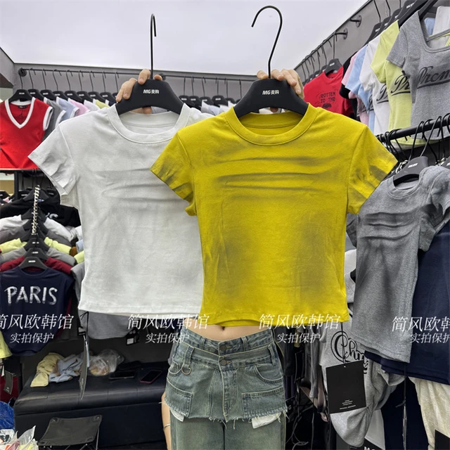 辣妹圆领短款正肩短袖T恤女2025夏韩版修身显瘦晕染小个子上衣潮