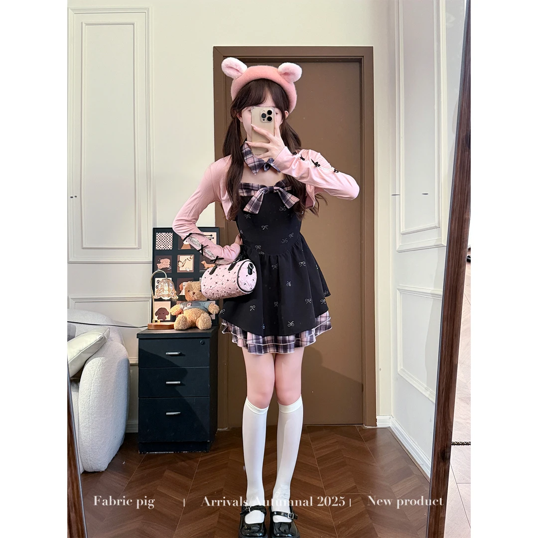 甜欲芭比 织物猪原创 黑粉色拼接吊带连衣裙女秋装蝴蝶结短裙子