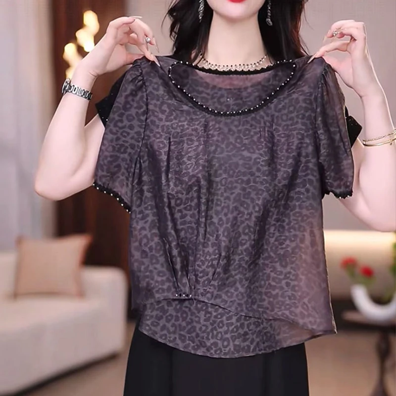 复古圆领镶钻豹纹短袖T恤女夏季大码显瘦洋气时尚别致网纱上衣
