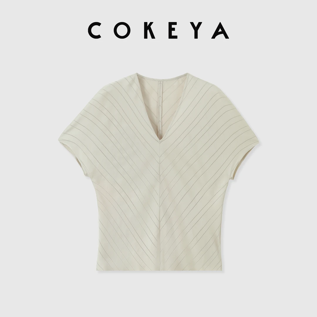 COKEYA/气质女人~三醋酸短款V领女士设计师百搭条纹时尚T恤背心