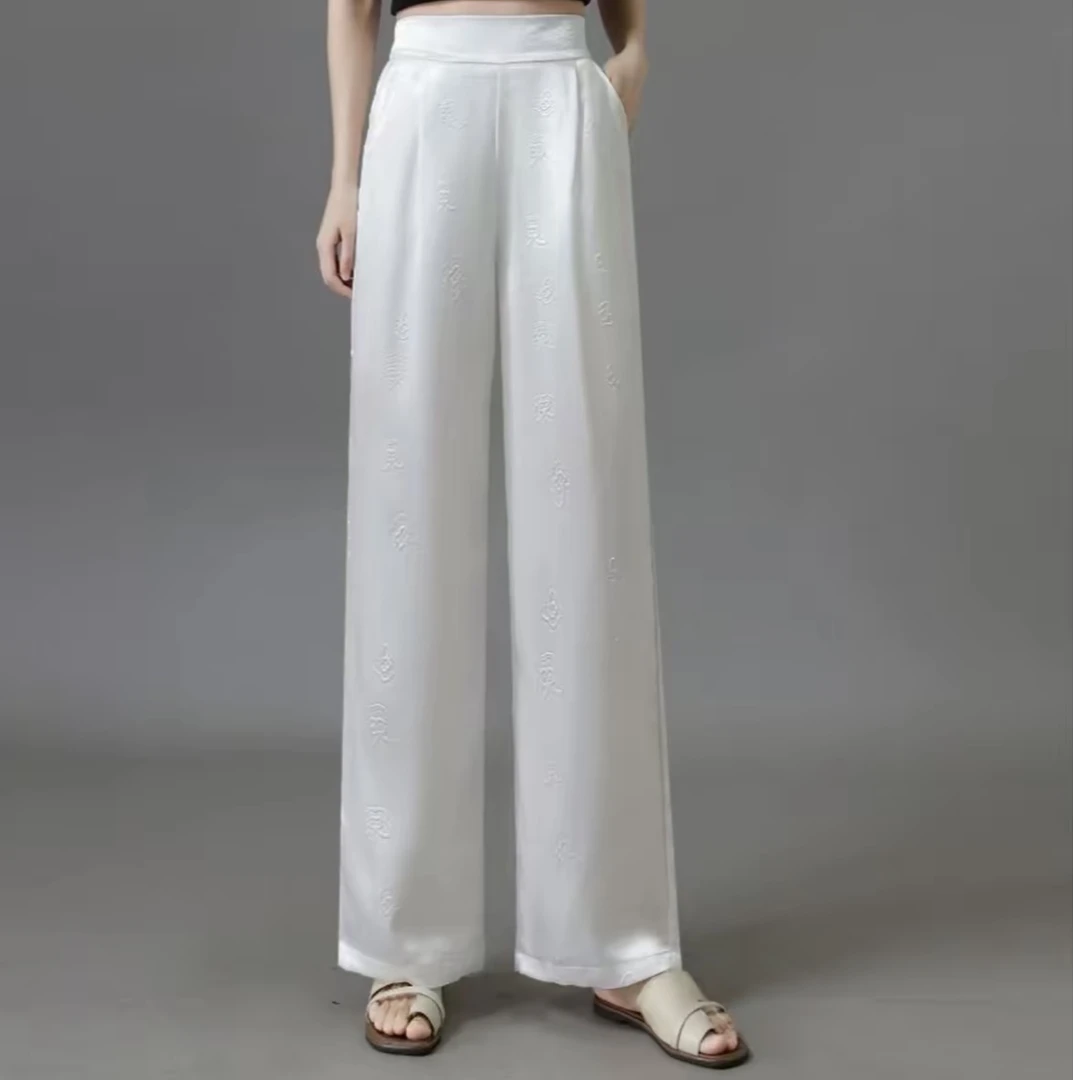 n2025夏季新款桑波段外销中腰立体压花蝴蝶蚕丝直筒阔腿裤