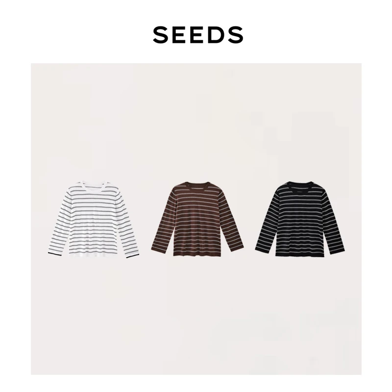 【时间海】SEEDS 60S扬子纱美丽诺羊毛ROW风撞色条纹针织长袖上衣