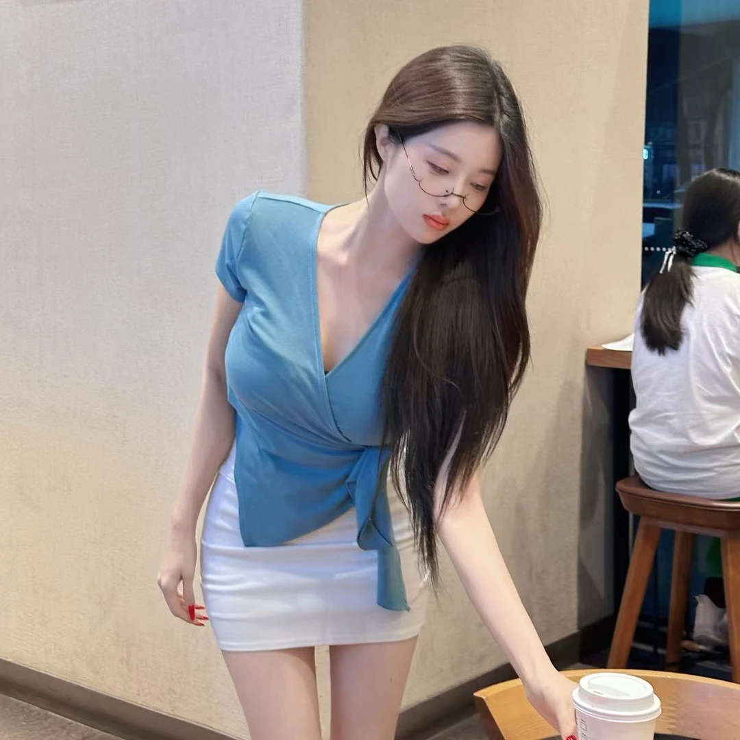 【富士山告白】7385＃辣妹气质V领设计感系带短袖上衣