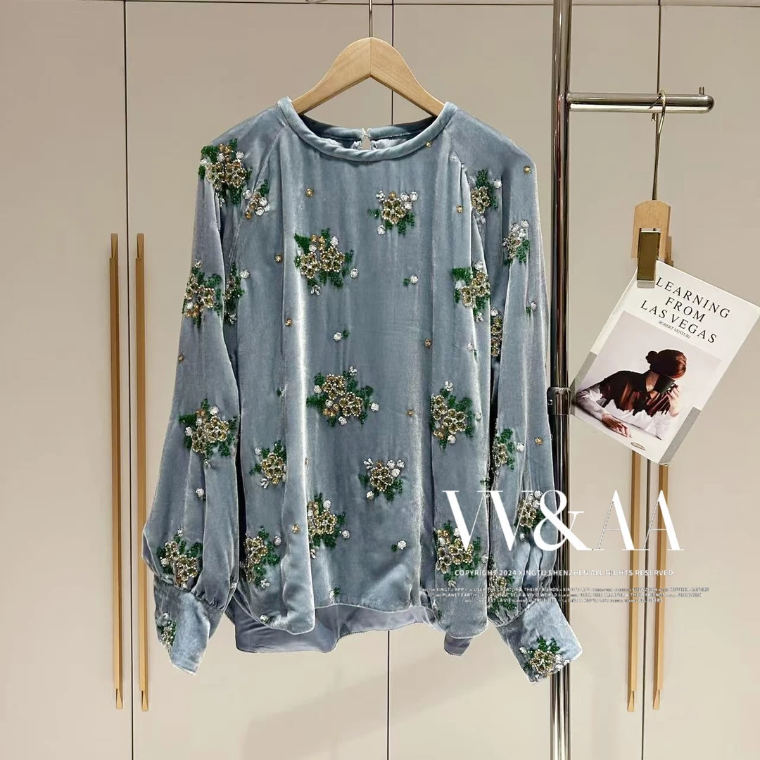 VV&AA 杏花微雨 高级感国风亮片钉珠丝绒衬衫 ANA3913