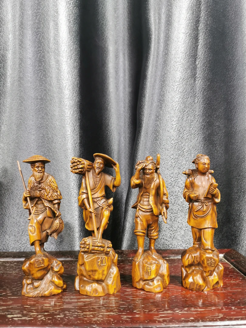 黄杨木摆件渔樵耕读高15.8cm