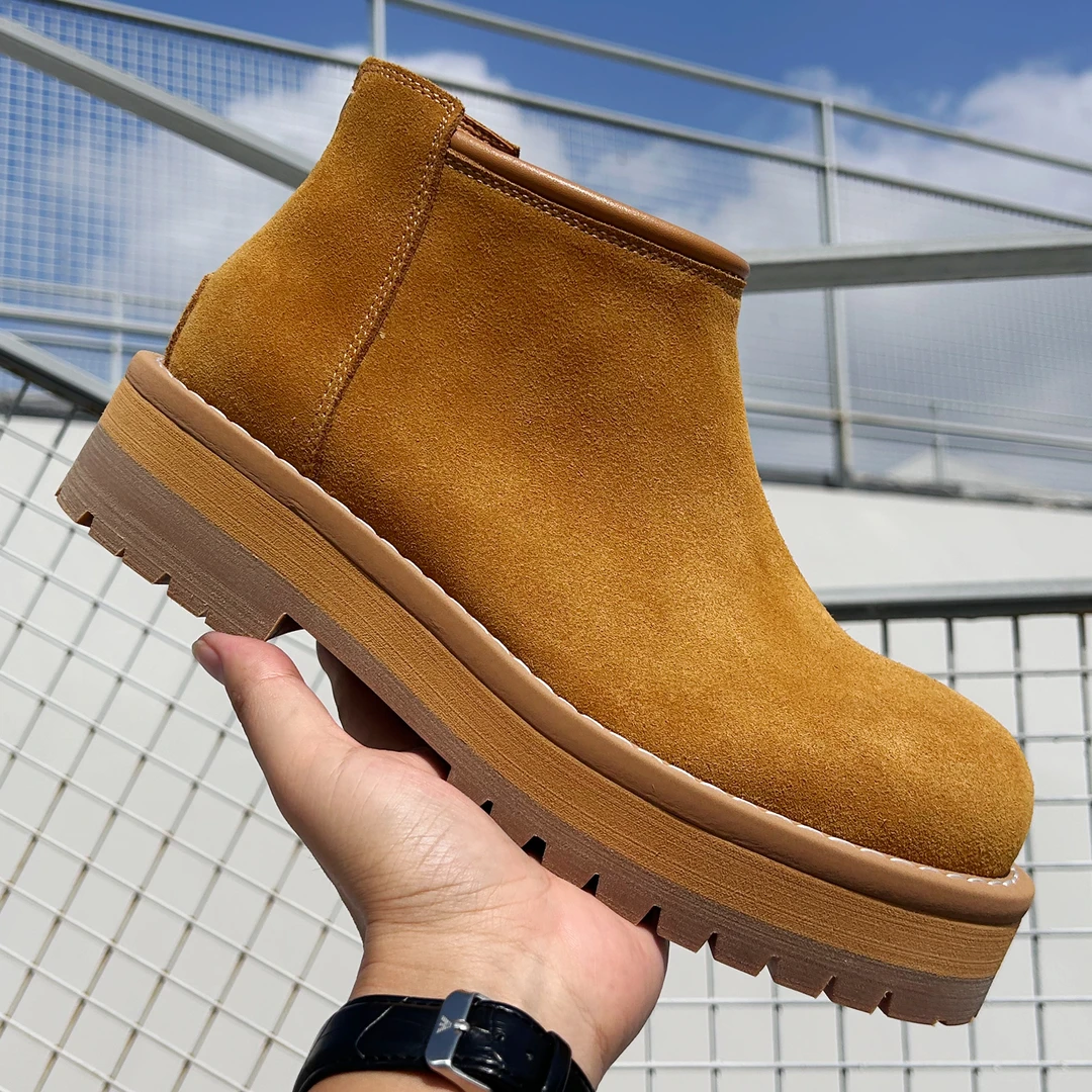 秋季新款复古风大黄靴青年时尚拉链短靴圆头牛皮烟筒靴切尔西男靴