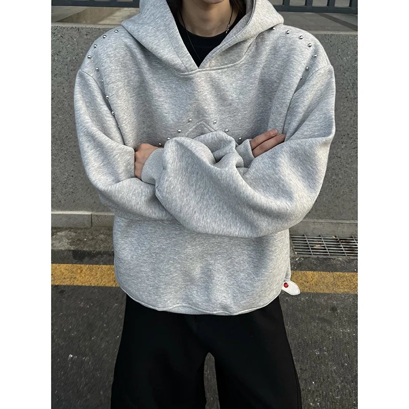 重磅美式铆钉连帽卫衣男2025秋季宽松ins百搭小众设计感套头外套