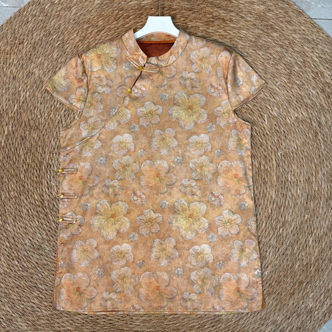 【桃花】长款薄款立领短袖玫瑰上衣中国风唐装黄色提花