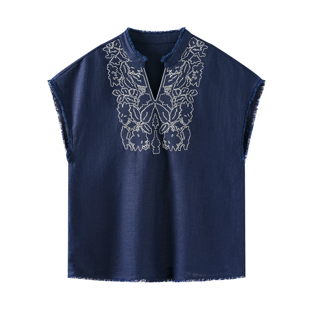 Childe Yao返璞归真苎麻V领夏季刺绣马甲CYC55142马夹上衣无袖