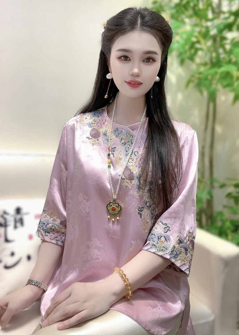 【丹妮甄选】-2025新中式花影斜襟金丝银线刺绣气质百搭显瘦上衣020