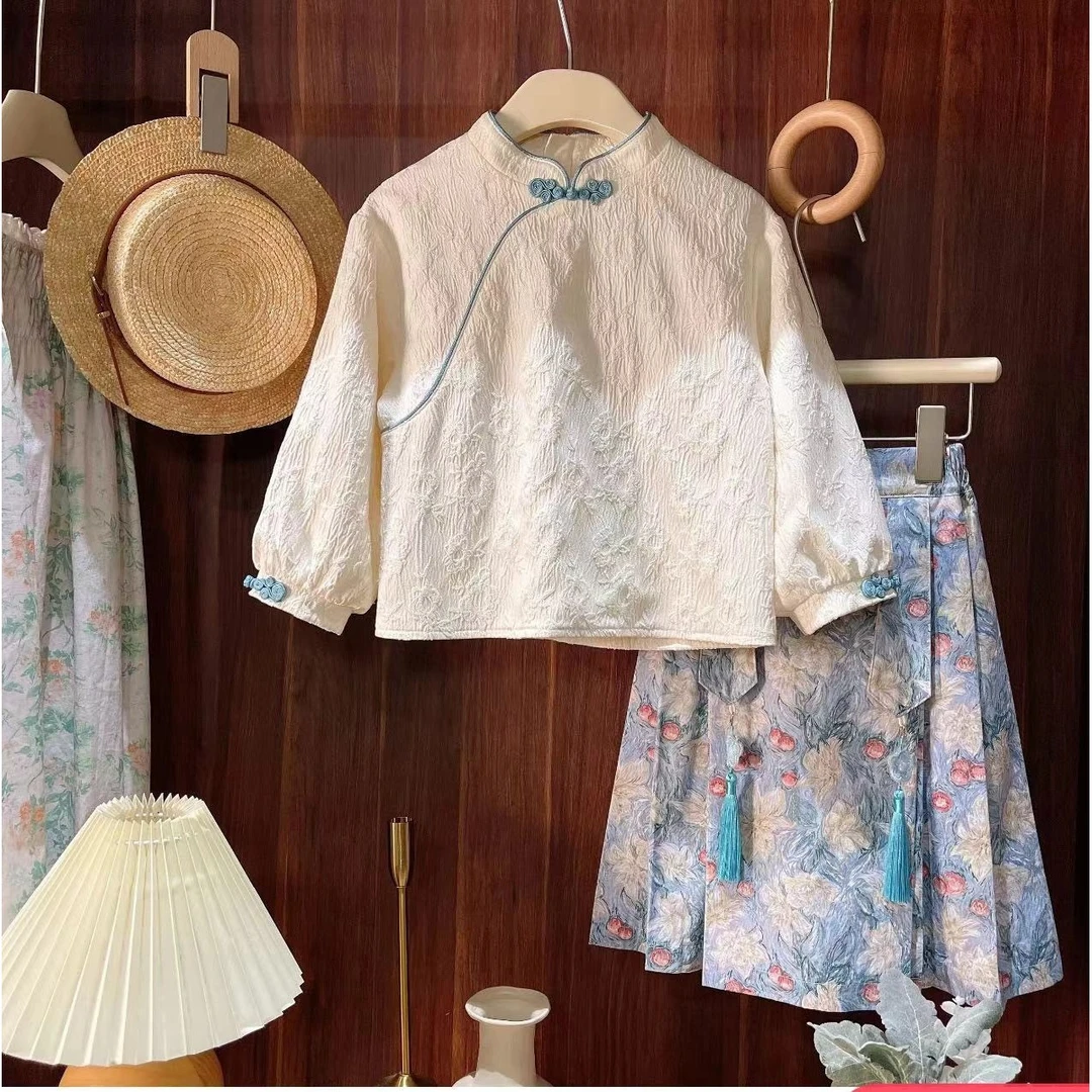 HHkids女童春夏装中国风上衣裤子套装宝宝气质复古两件套ETZ566