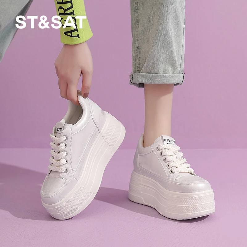 星期六2025春季新款松糕鞋女厚底增高纯白小白鞋百搭时尚休闲板鞋