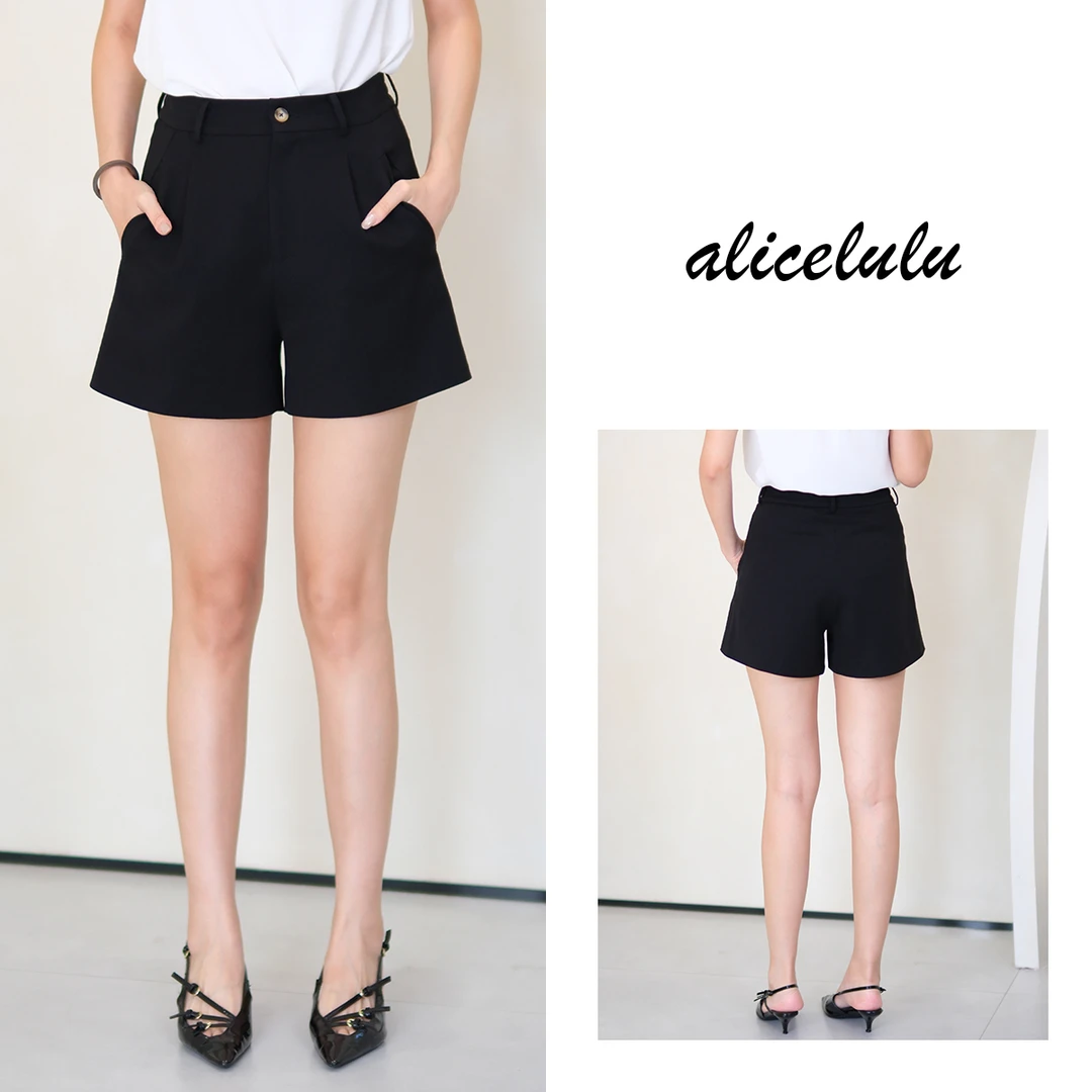 2alicelulu 高腰阔腿显瘦黑色半松紧短裤通勤百搭 S622541L
