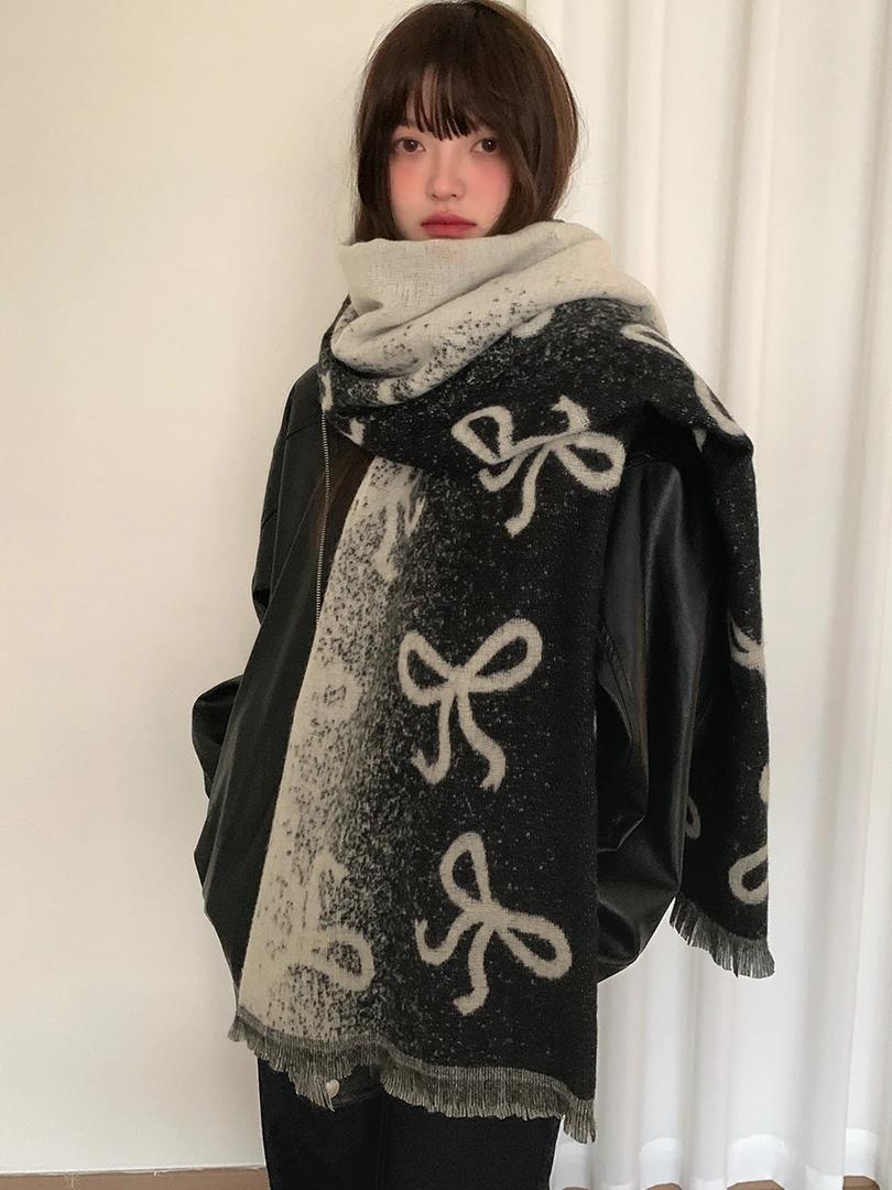 韩版加厚蝴蝶结针织围巾女新款秋冬高级感保暖护颈围脖披肩两用