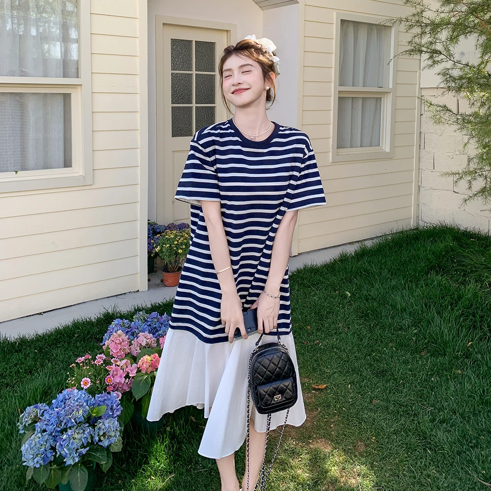 韩系宽松假两件条纹连衣裙女2025夏季新款休闲百搭短袖圆领T恤裙